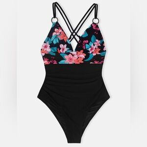 Cupshe Floral Black One-Piece Swimsuit